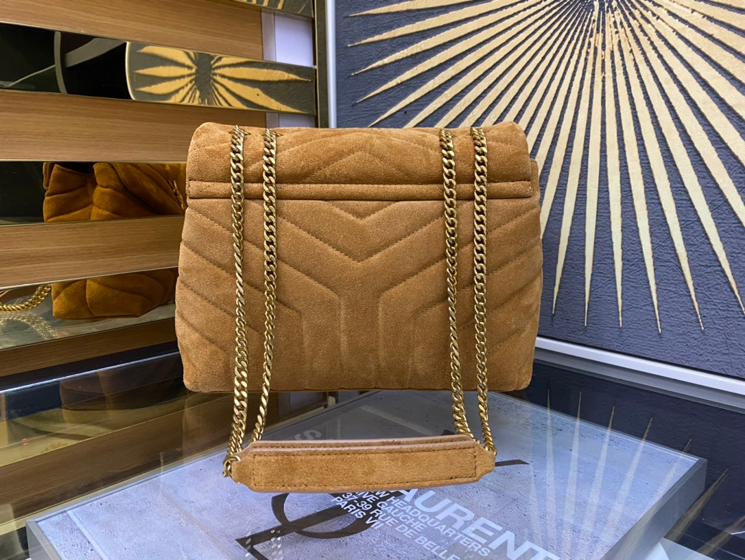 Saint Laurent Medium Loulou Bag in Tan Suede with Gold Hardware