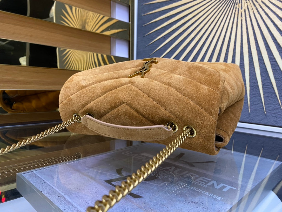 Saint Laurent Medium Loulou Bag in Tan Suede with Gold Hardware