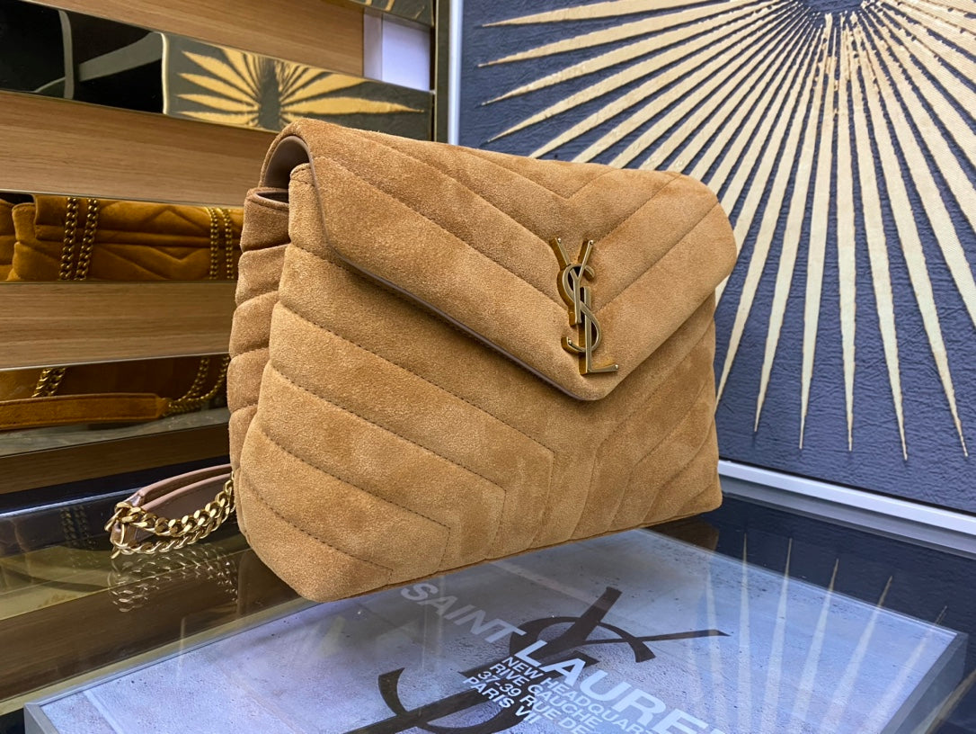 Saint Laurent Medium Loulou Bag in Tan Suede with Gold Hardware