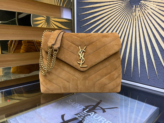Saint Laurent Medium Loulou Bag in Tan Suede with Gold Hardware