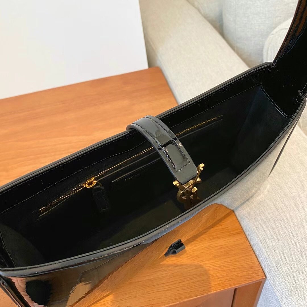 Saint Laurent Le 5 à 7 Black Patent Leather Shoulder Bag with Gold YSL Logo