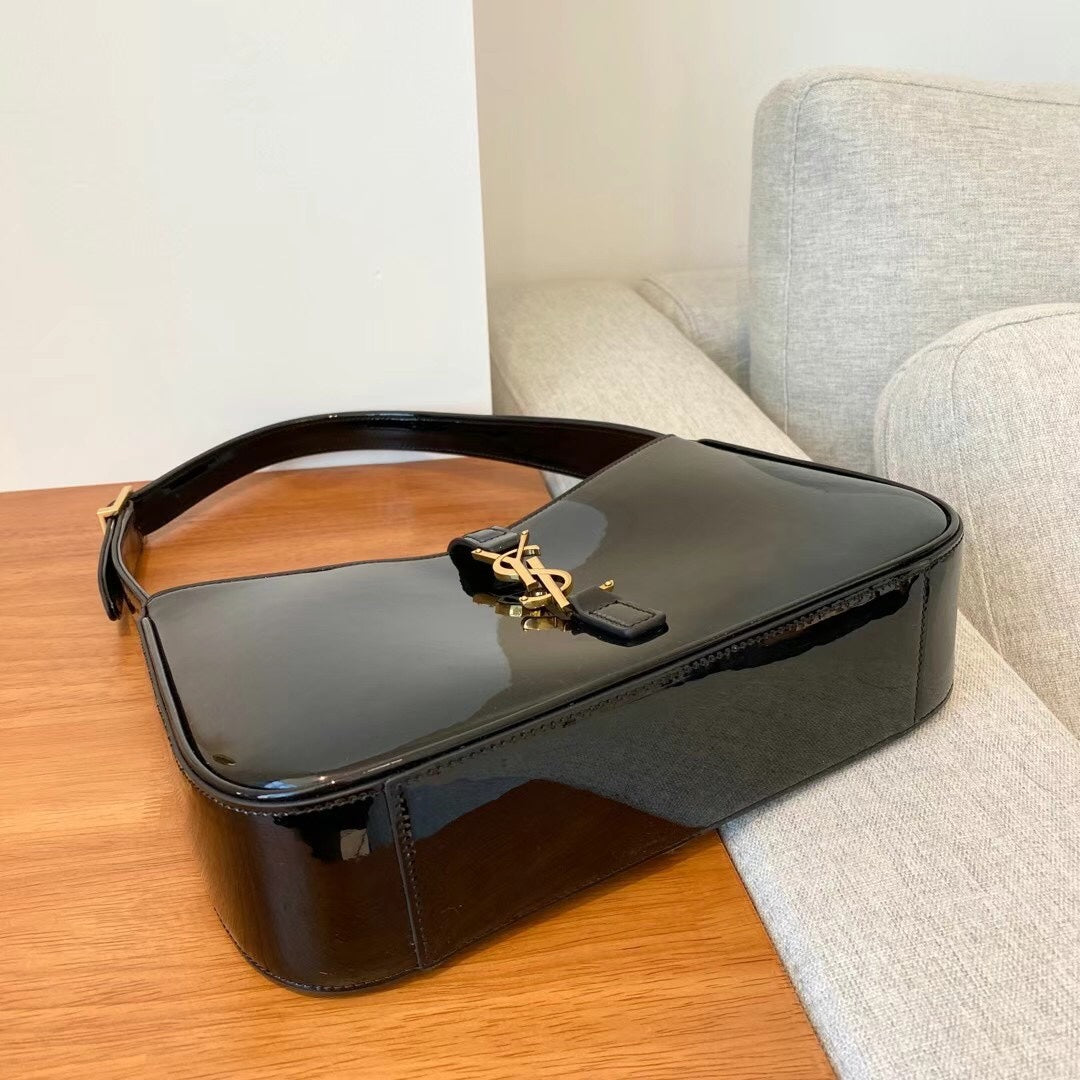 Saint Laurent Le 5 à 7 Black Patent Leather Shoulder Bag with Gold YSL Logo