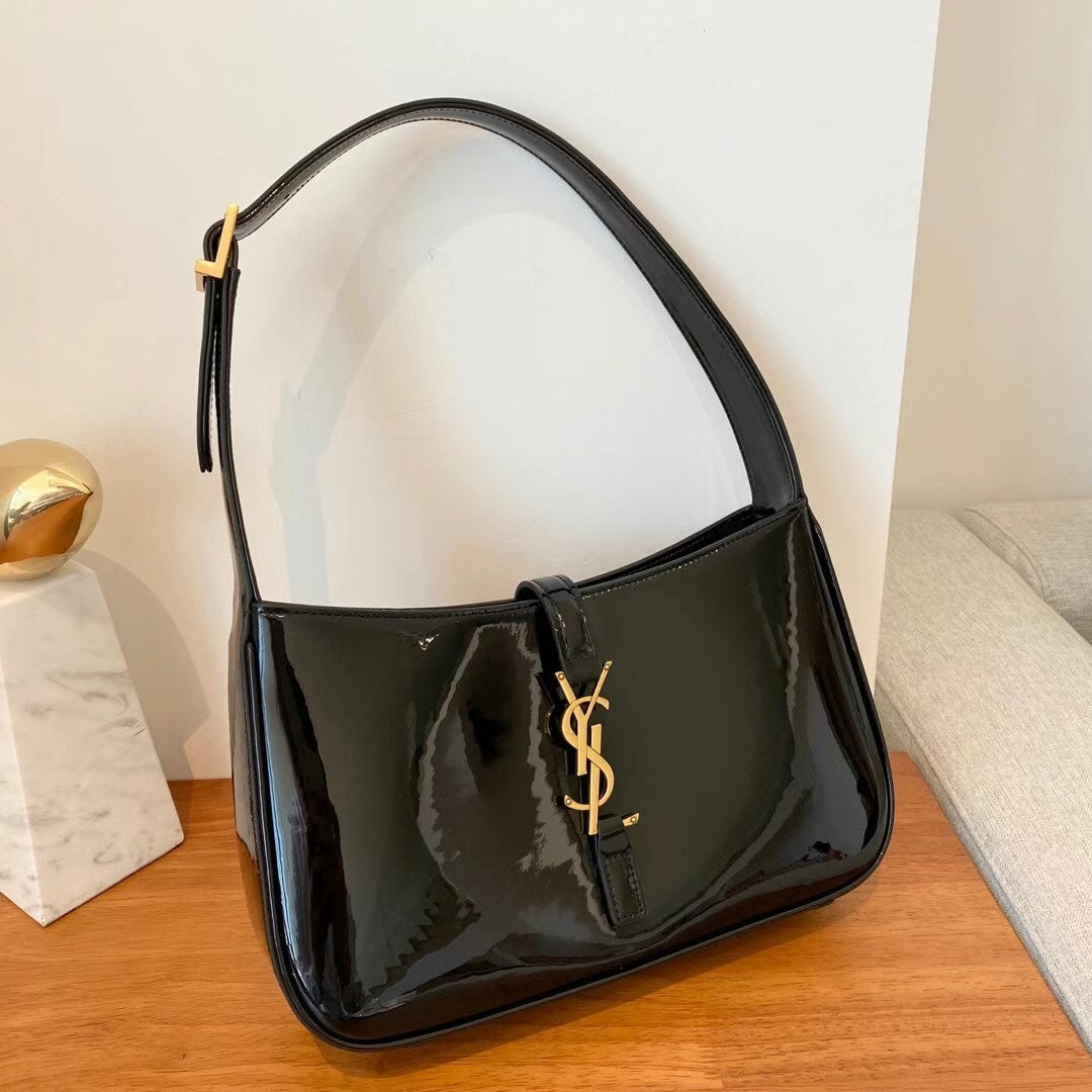 Saint Laurent Le 5 à 7 Black Patent Leather Shoulder Bag with Gold YSL Logo