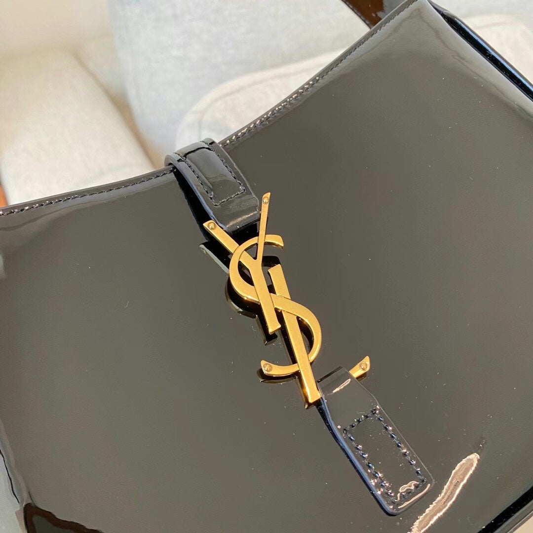 Saint Laurent Le 5 à 7 Black Patent Leather Shoulder Bag with Gold YSL Logo