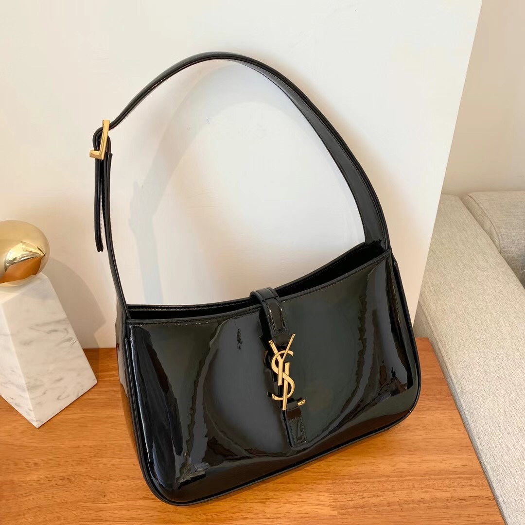 Saint Laurent Le 5 à 7 Black Patent Leather Shoulder Bag with Gold YSL Logo