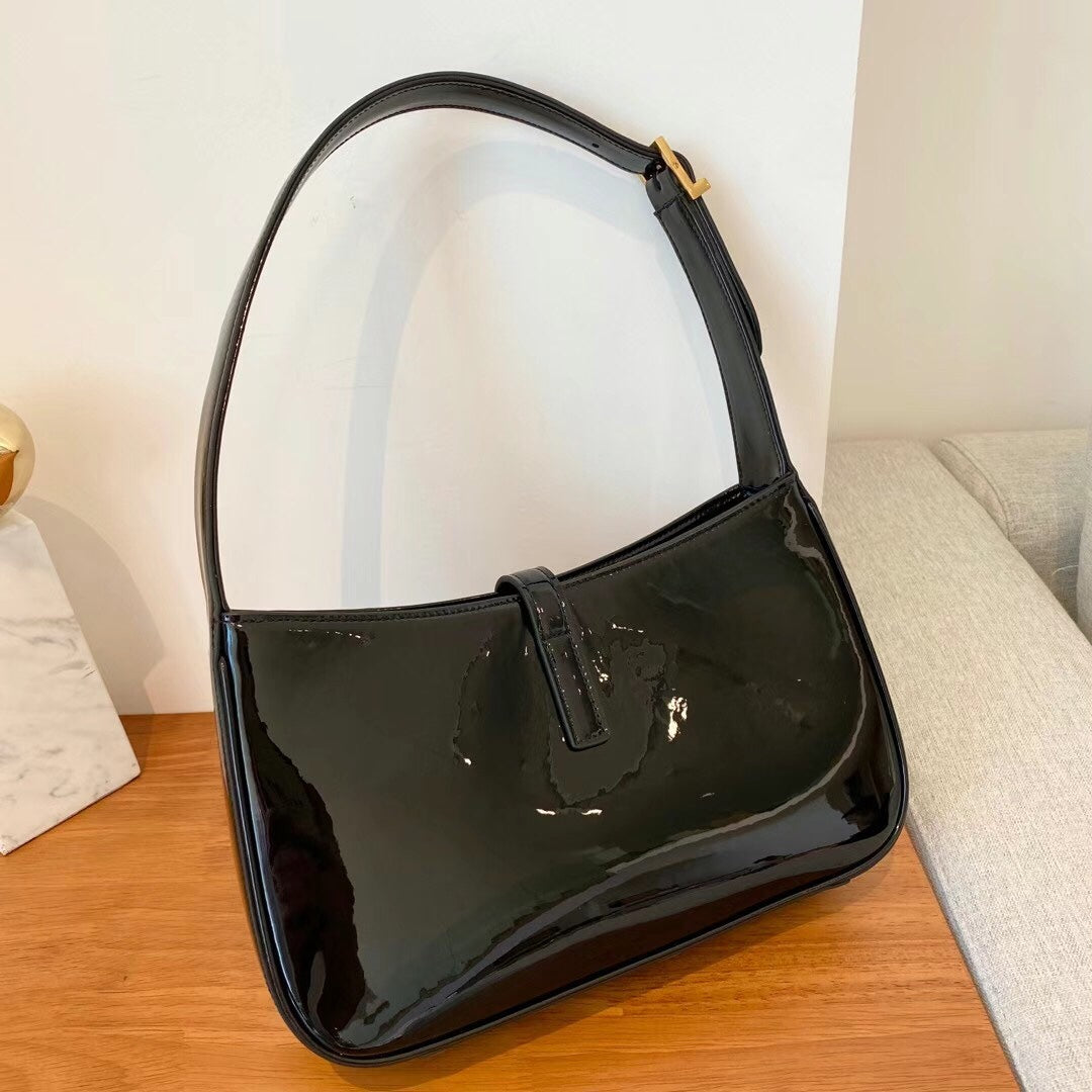 Saint Laurent Le 5 à 7 Black Patent Leather Shoulder Bag with Gold YSL Logo