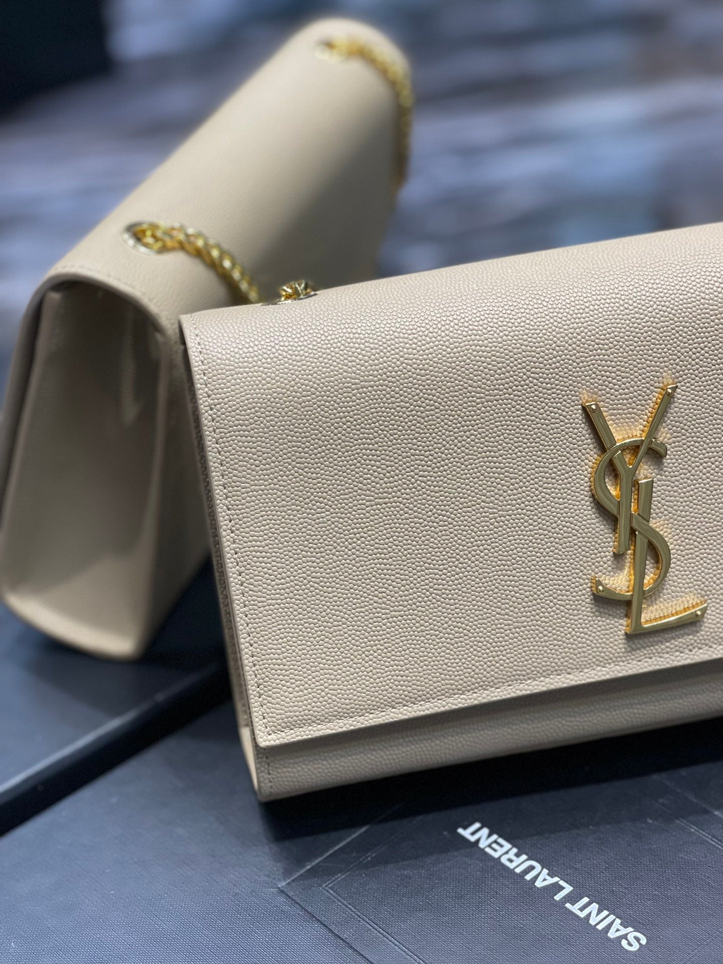 Saint Laurent Kate Small Chain Bag in Grain de Poudre Leather - Beige