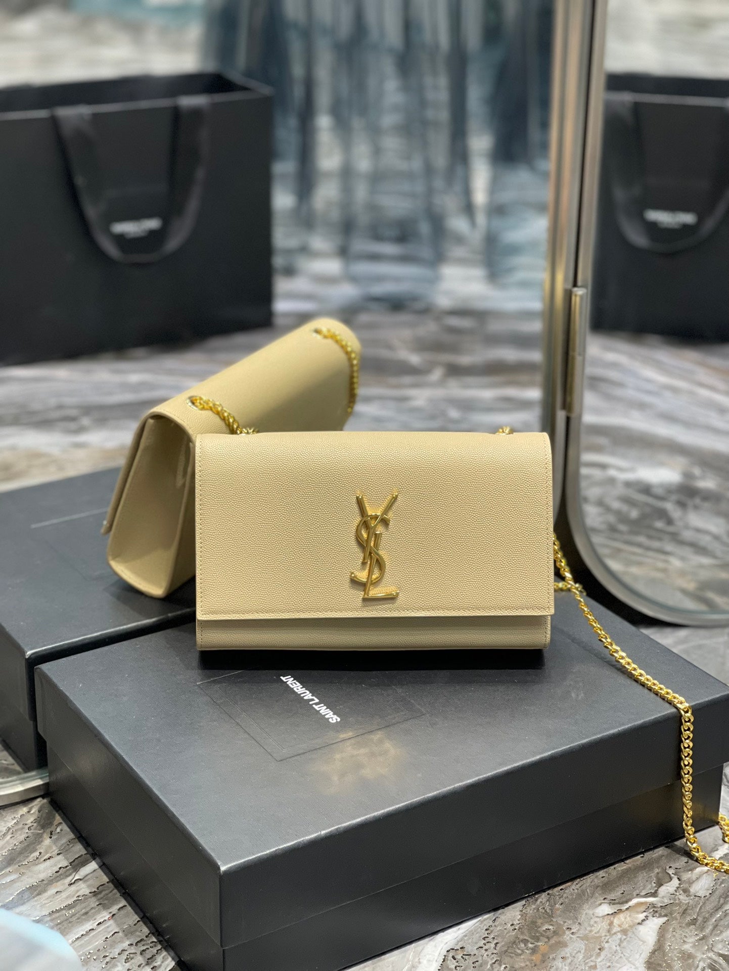Saint Laurent Kate Small Chain Bag in Grain de Poudre Leather - Beige