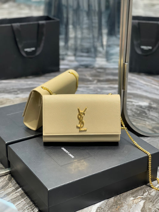 Saint Laurent Kate Small Chain Bag in Grain de Poudre Leather - Beige
