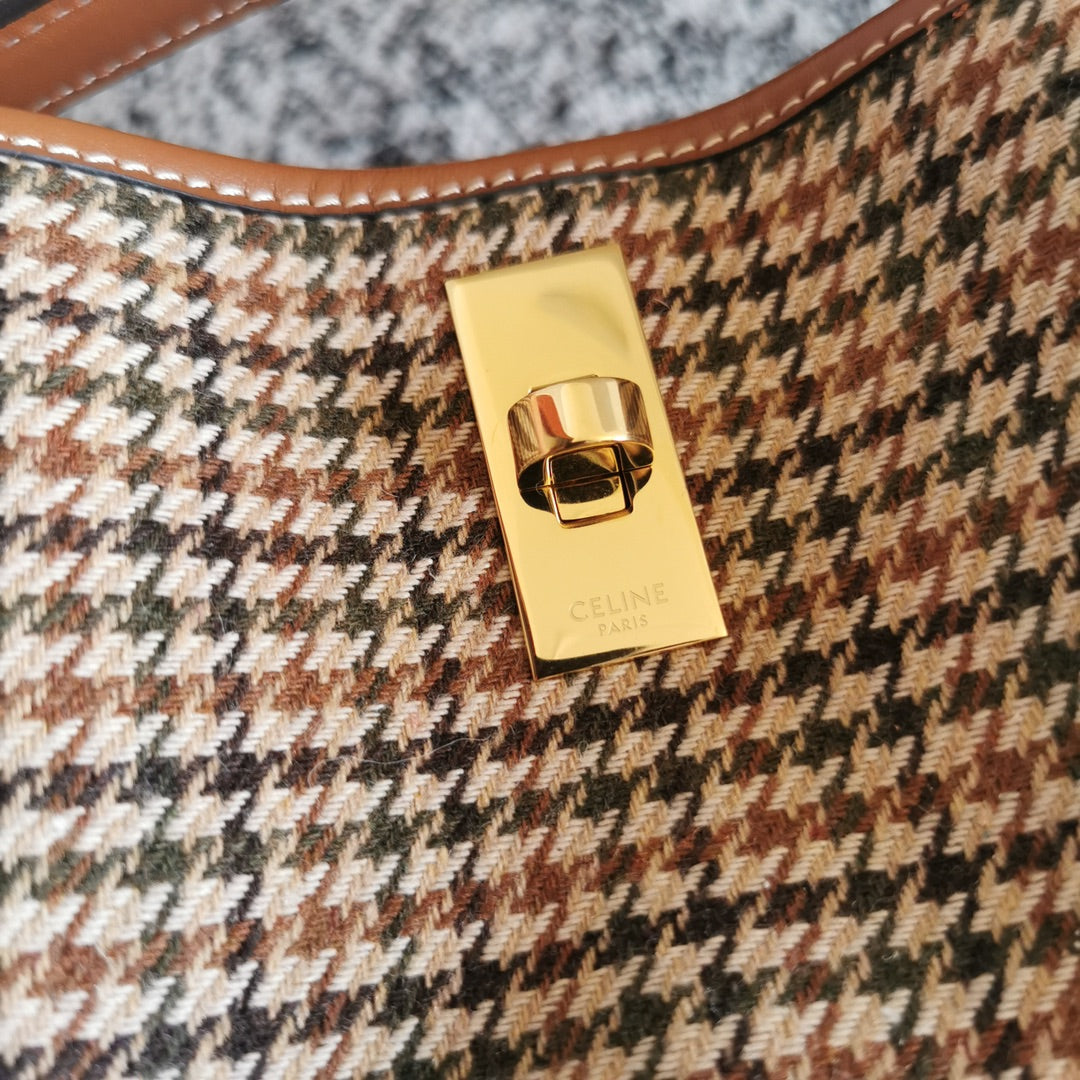 Vintage Plaid Checkered Bucket Bag - Brown Leather Shoulder & Crossbody Handbag for Women
