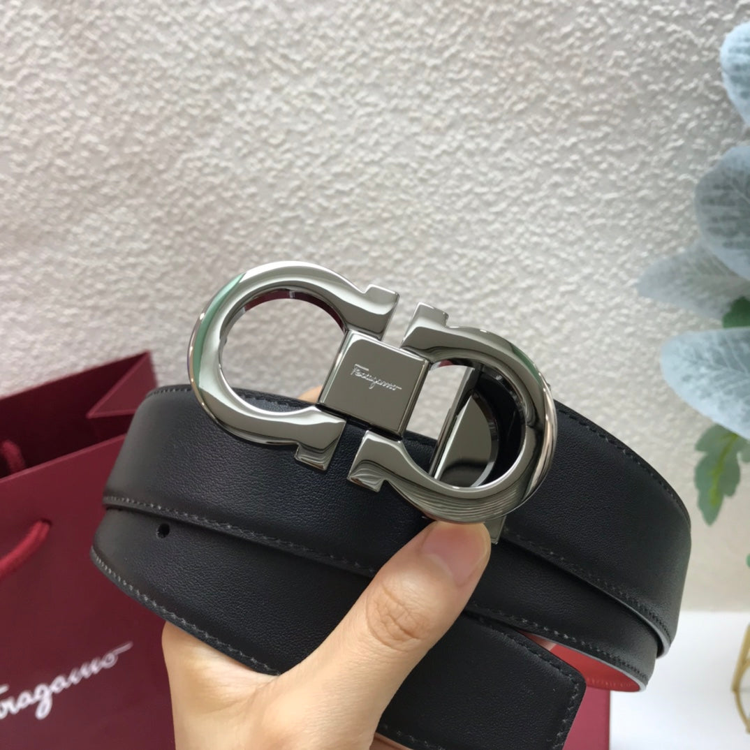 Salvatore Ferragamo Men's Double Gancini Reversible Leather Belt, Black and Red with Silver-Tone Buckle