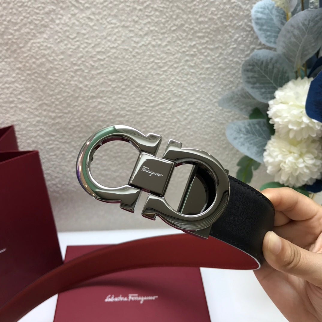 Salvatore Ferragamo Men's Double Gancini Reversible Leather Belt, Black and Red with Silver-Tone Buckle