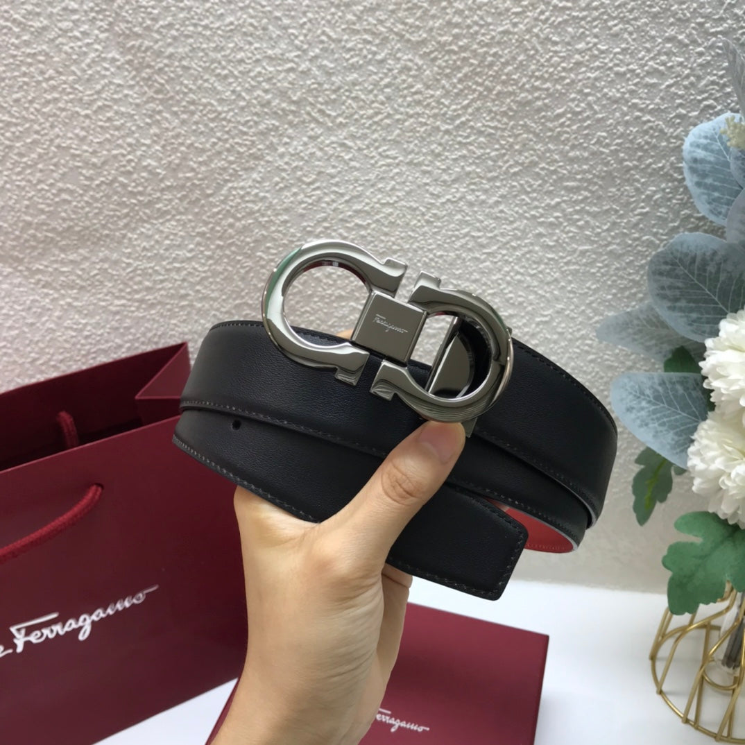 Salvatore Ferragamo Men's Double Gancini Reversible Leather Belt, Black and Red with Silver-Tone Buckle