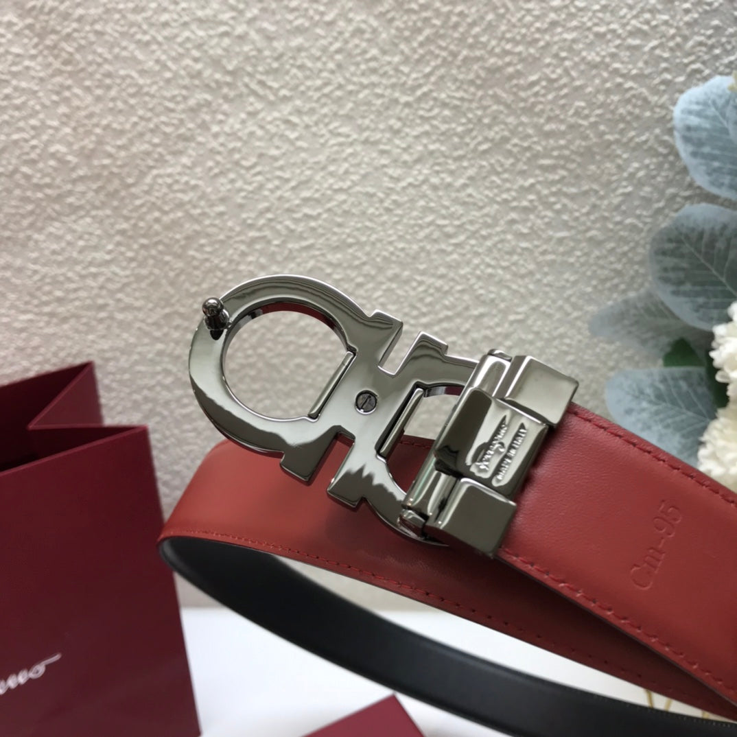 Salvatore Ferragamo Men's Double Gancini Reversible Leather Belt, Black and Red with Silver-Tone Buckle