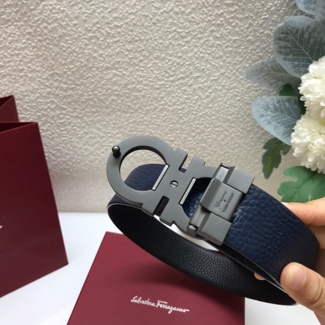 Salvatore Ferragamo Men's Gancini Buckle Grained Leather Belt, Matte Black Hardware - Black