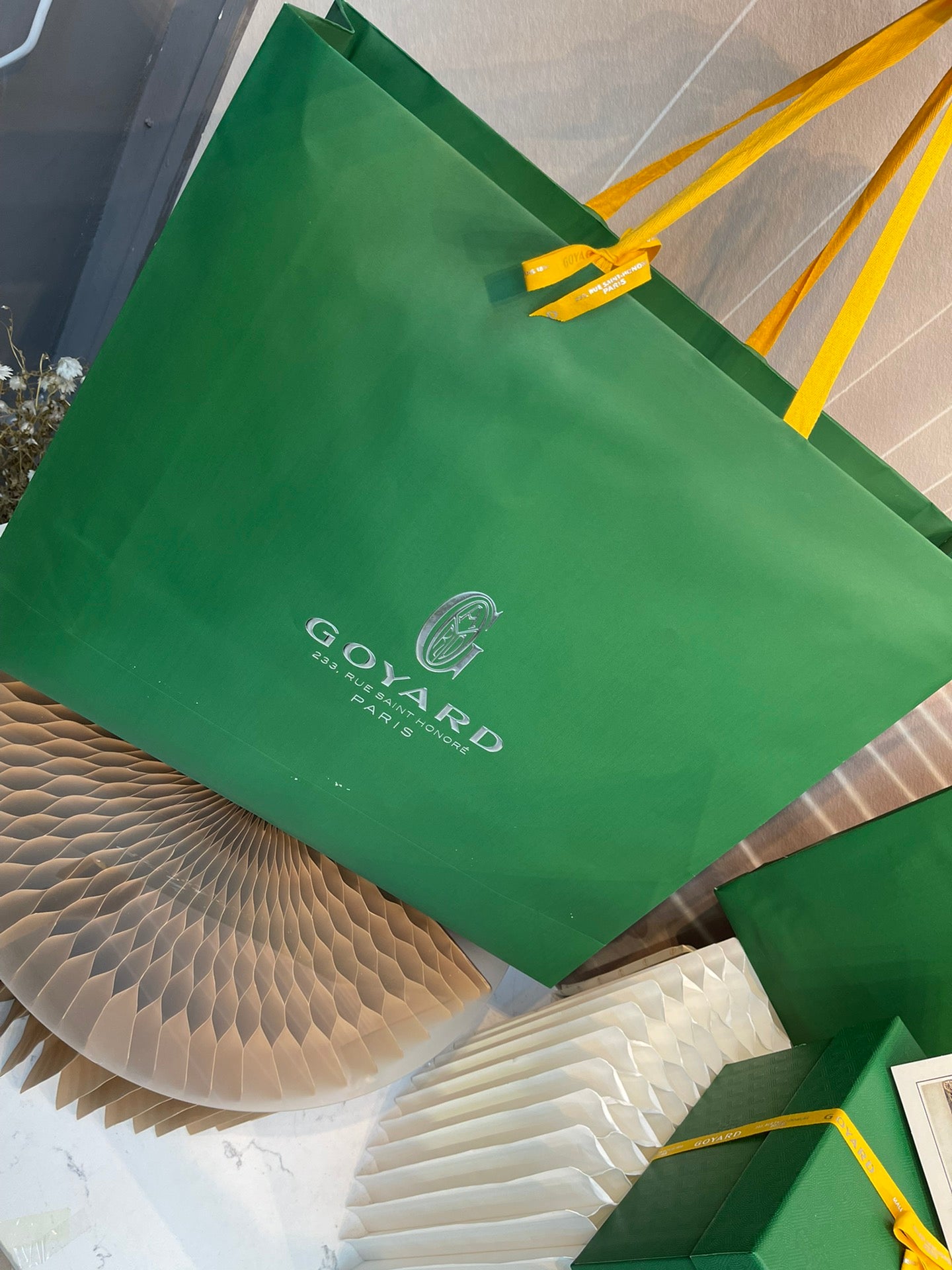 Gogy Luxury Green Paper Shopping Bag with Yellow Ribbon Handles