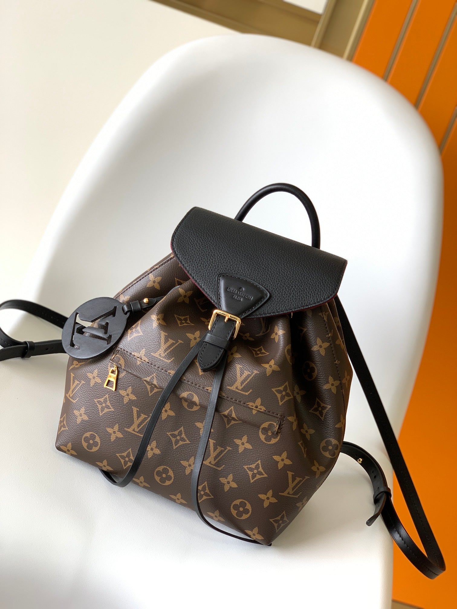 Louis Vuitton Montsouris BB Backpack Monogram Canvas with Black Leather Trim