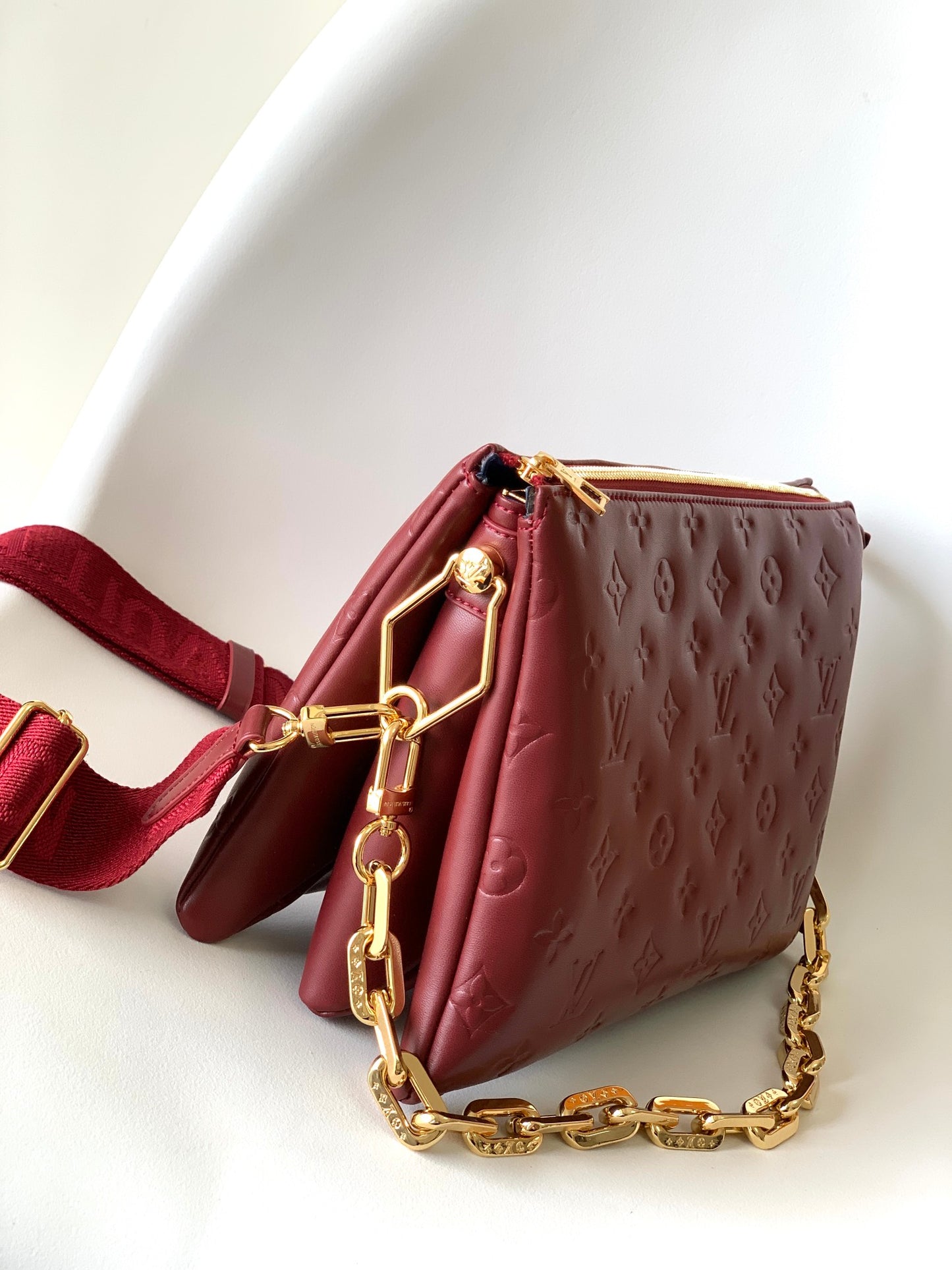 Monogram Embossed Small Red Crossbody Bag with Wide Adjustable Strap
