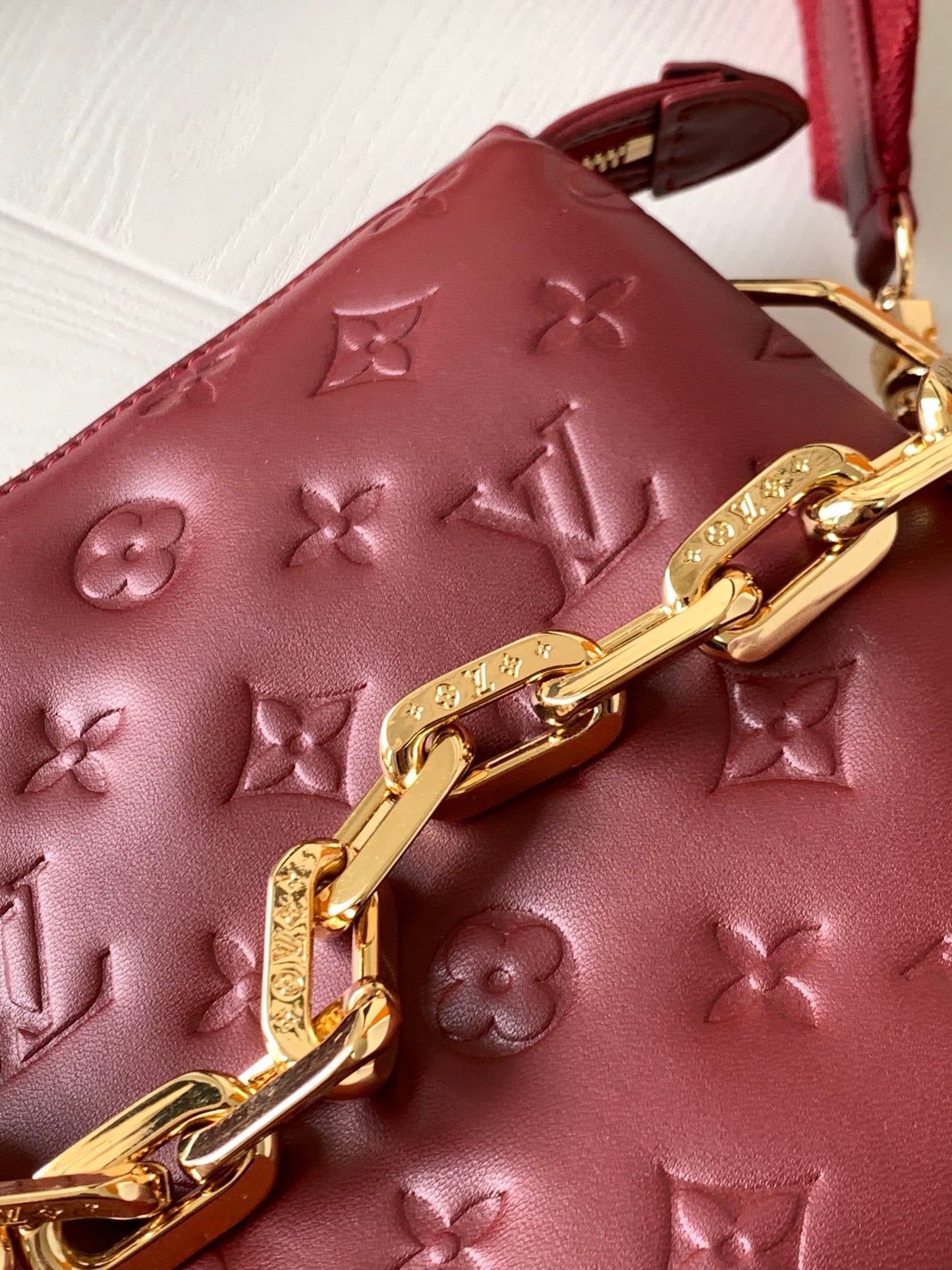 Monogram Embossed Small Red Crossbody Bag with Wide Adjustable Strap