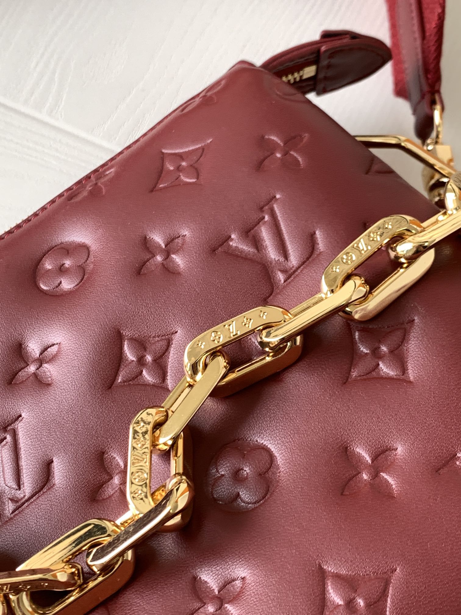 Monogram Embossed Small Red Crossbody Bag with Wide Adjustable Strap