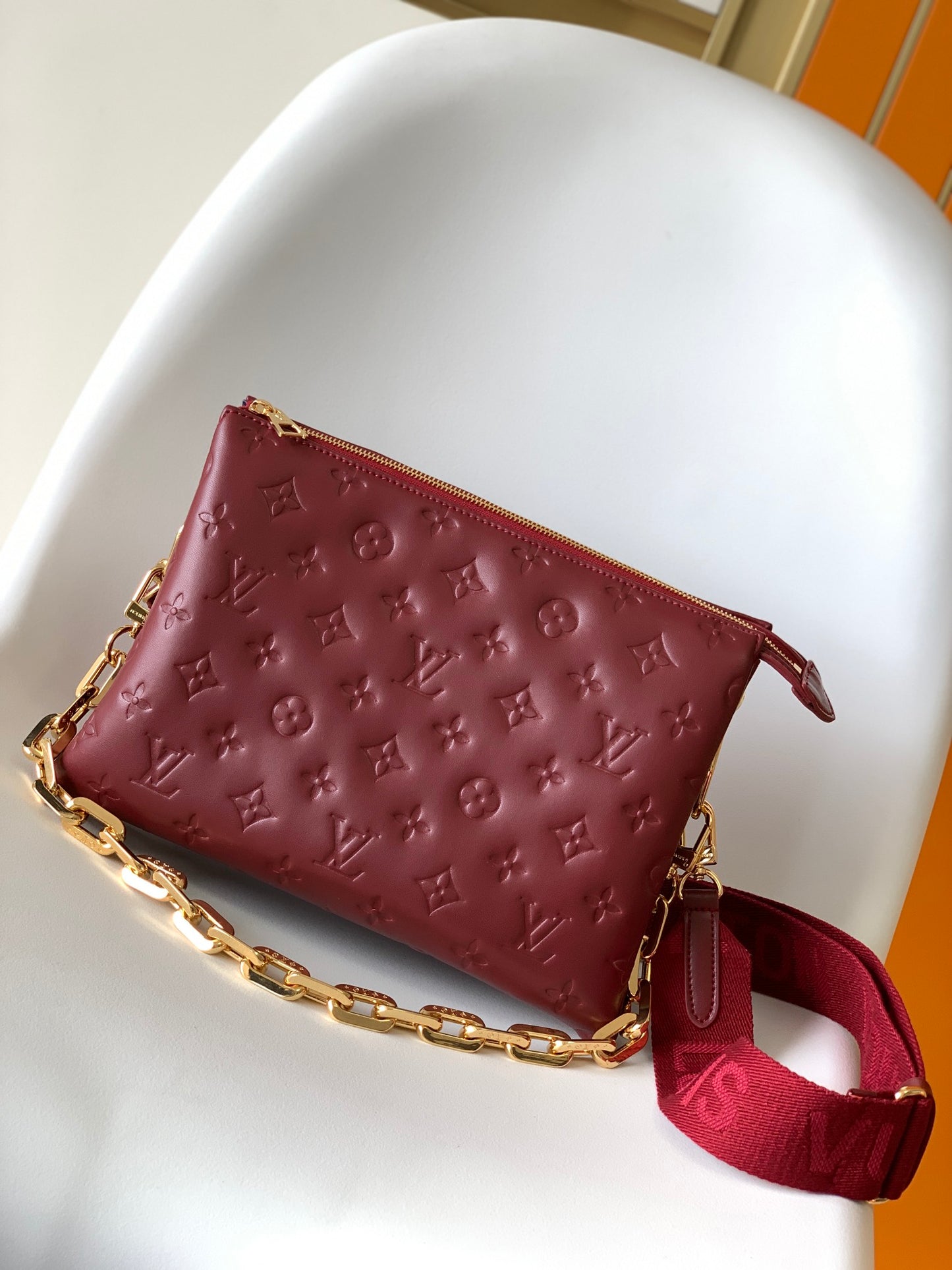 Monogram Embossed Small Red Crossbody Bag with Wide Adjustable Strap