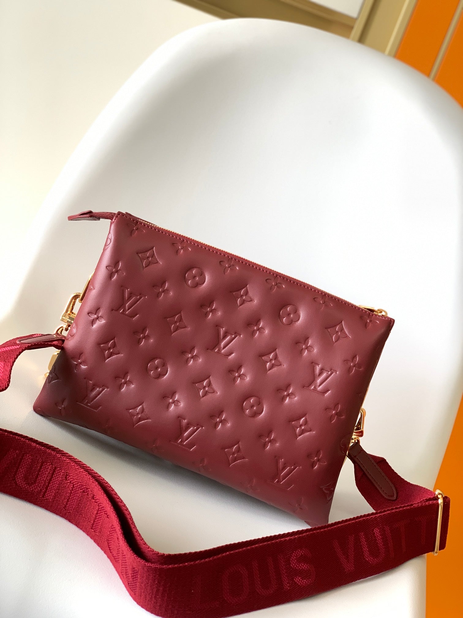 Monogram Embossed Small Red Crossbody Bag with Wide Adjustable Strap