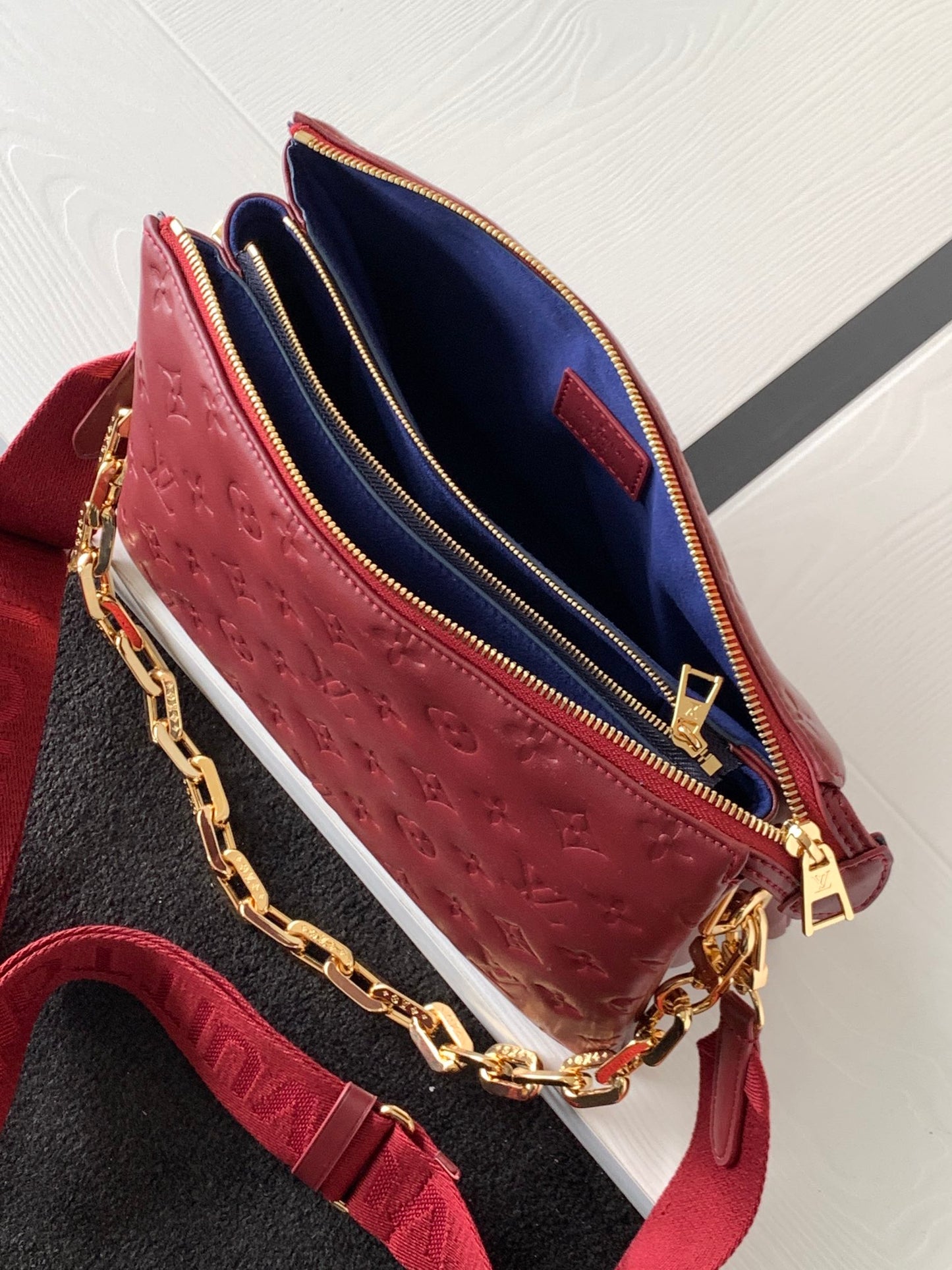 Monogram Embossed Small Red Crossbody Bag with Wide Adjustable Strap