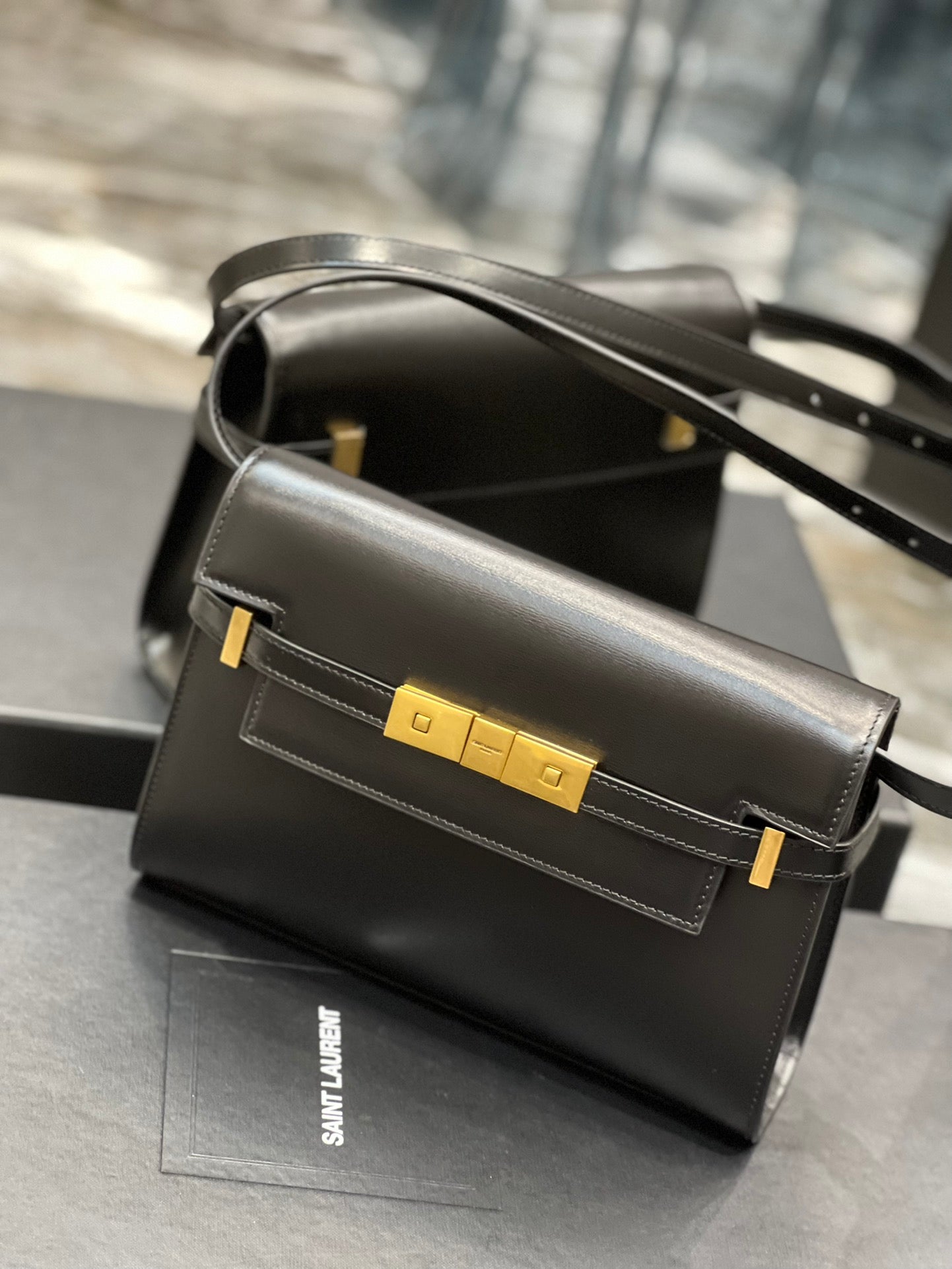 Saint Laurent Manhattan Small Shoulder Bag in Black Box Leather