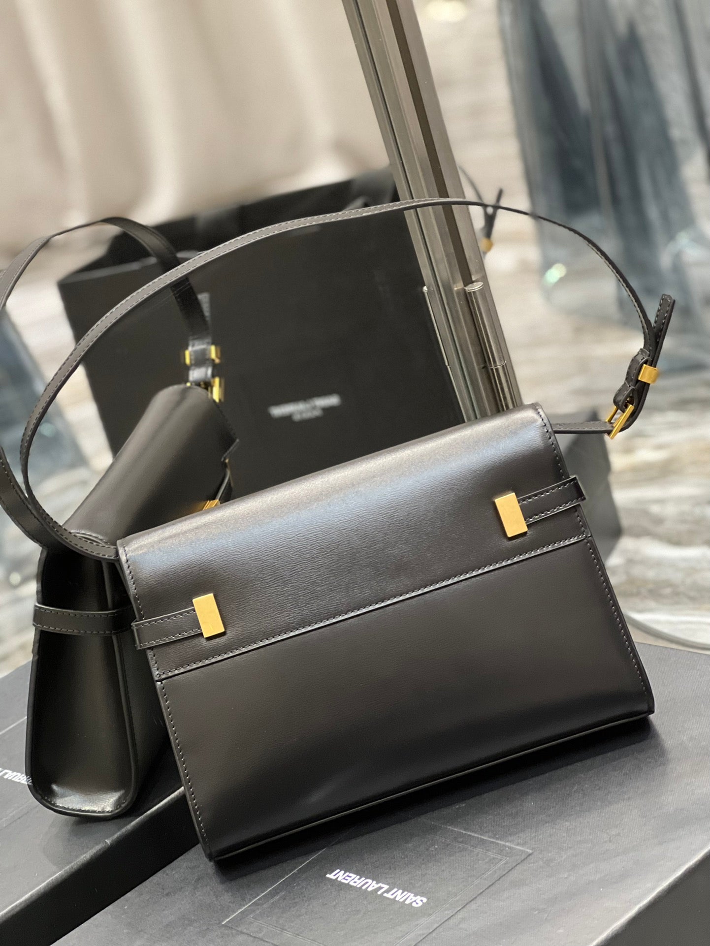 Saint Laurent Manhattan Small Shoulder Bag in Black Box Leather