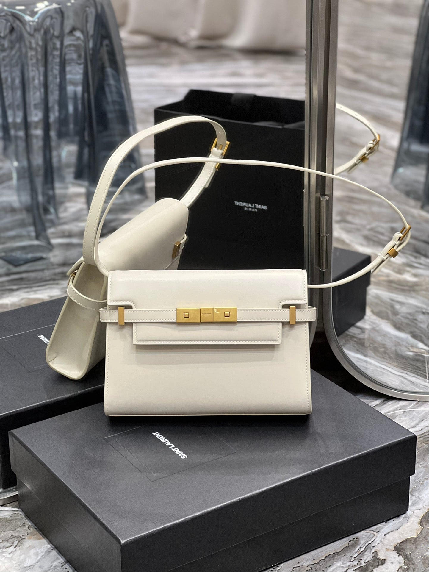 Saint Laurent Manhattan Small Leather Shoulder Bag - Cream with Gold Hardware