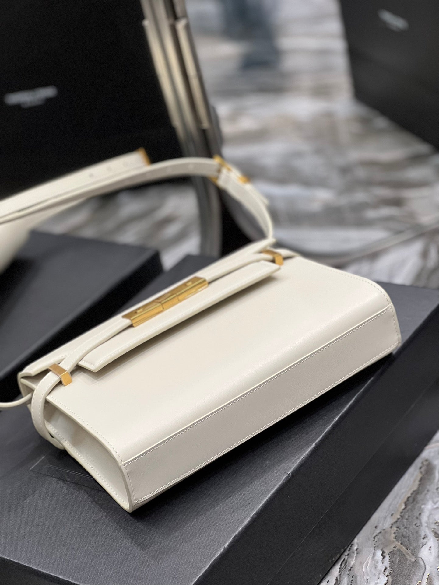 Saint Laurent Manhattan Small Leather Shoulder Bag - Cream with Gold Hardware