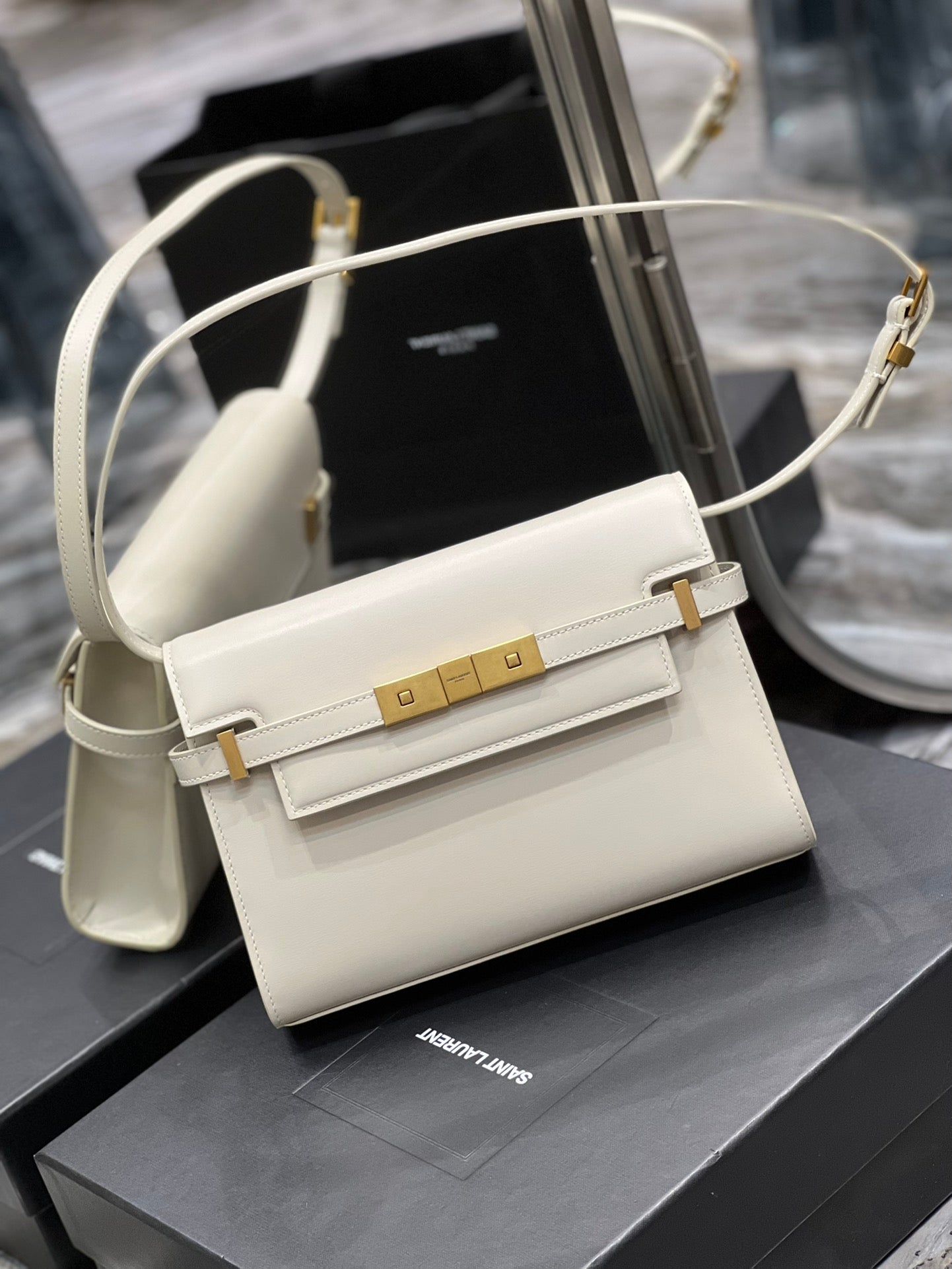 Saint Laurent Manhattan Small Leather Shoulder Bag - Cream with Gold Hardware
