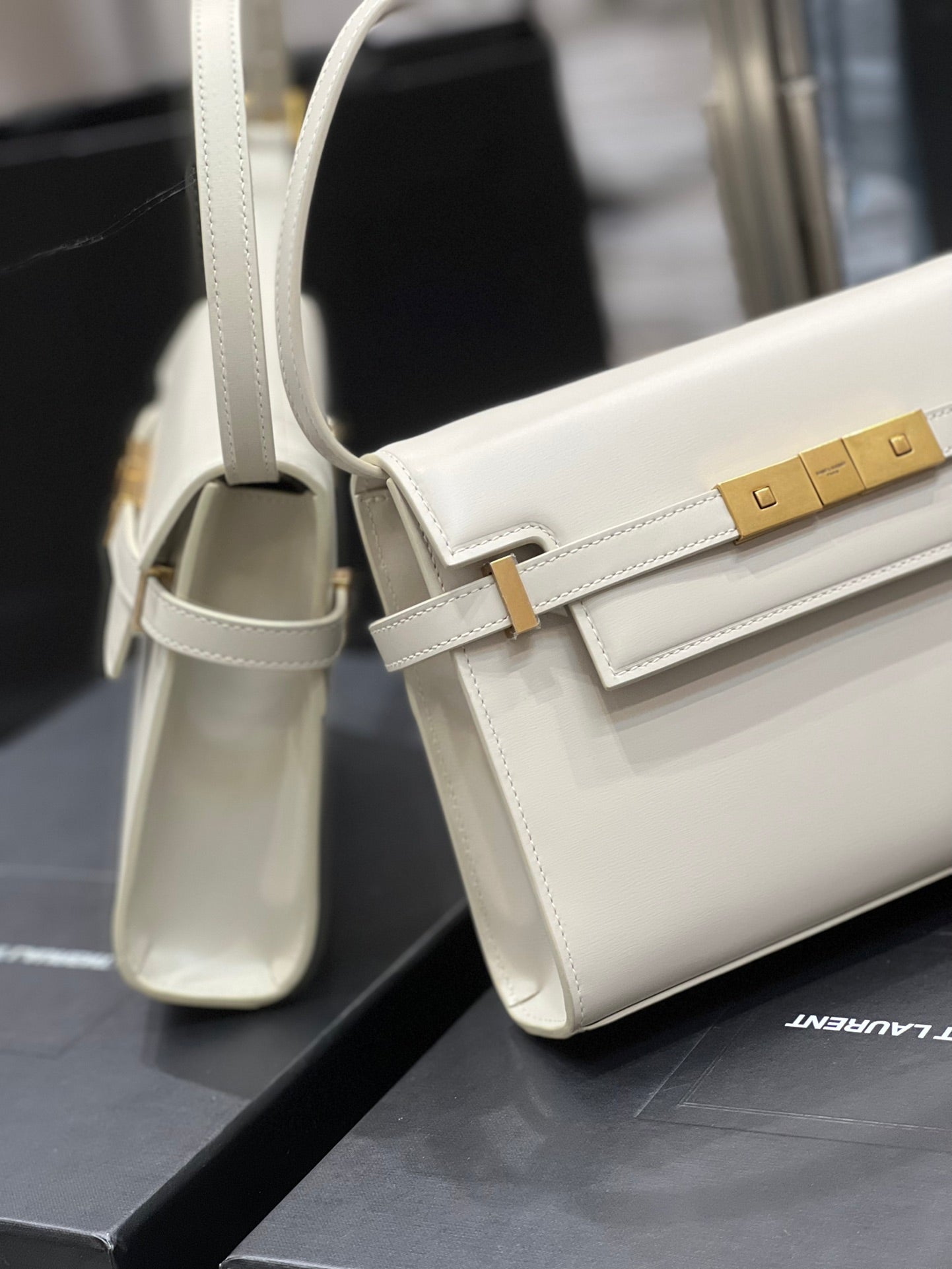 Saint Laurent Manhattan Small Leather Shoulder Bag - Cream with Gold Hardware