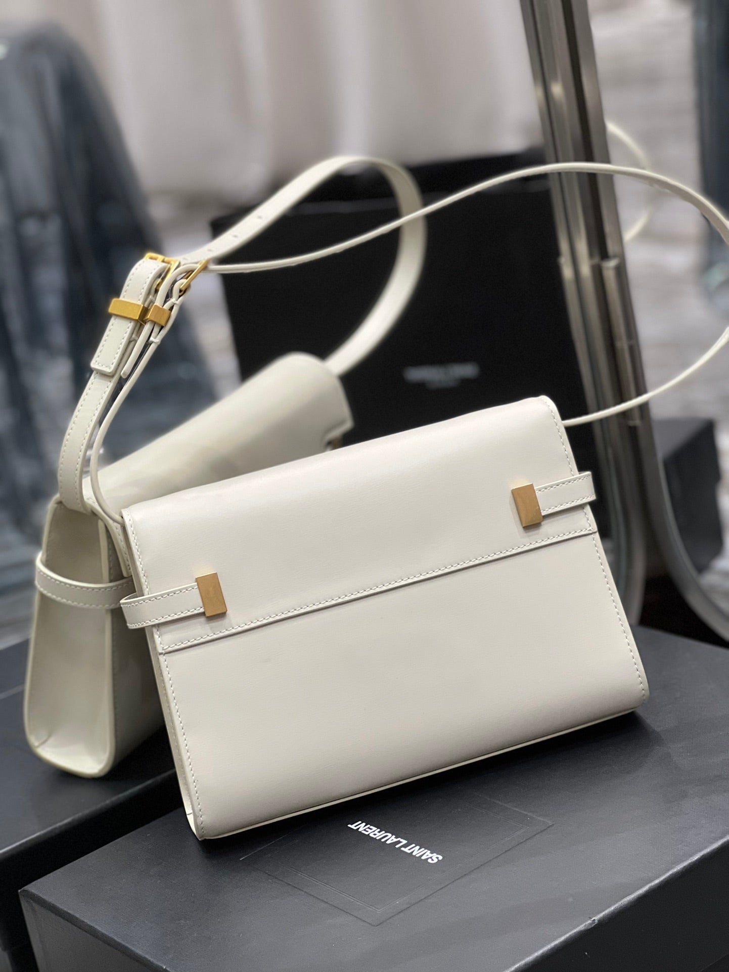 Saint Laurent Manhattan Small Leather Shoulder Bag - Cream with Gold Hardware