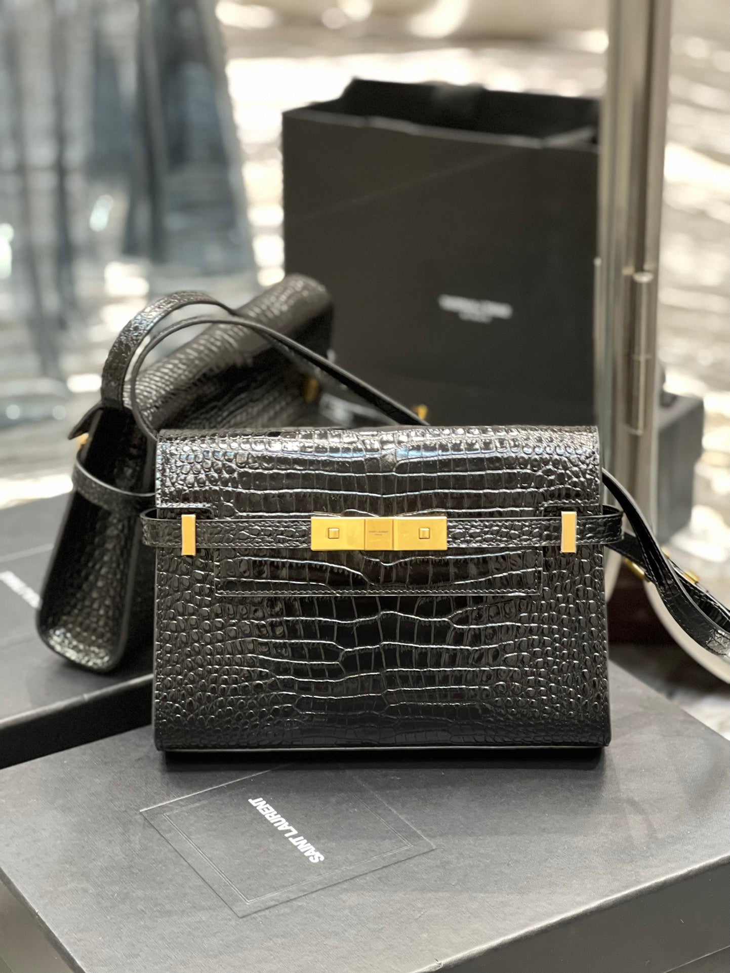 Saint Laurent Manhattan Small Shoulder Bag in Shiny Crocodile-Embossed Leather - Black