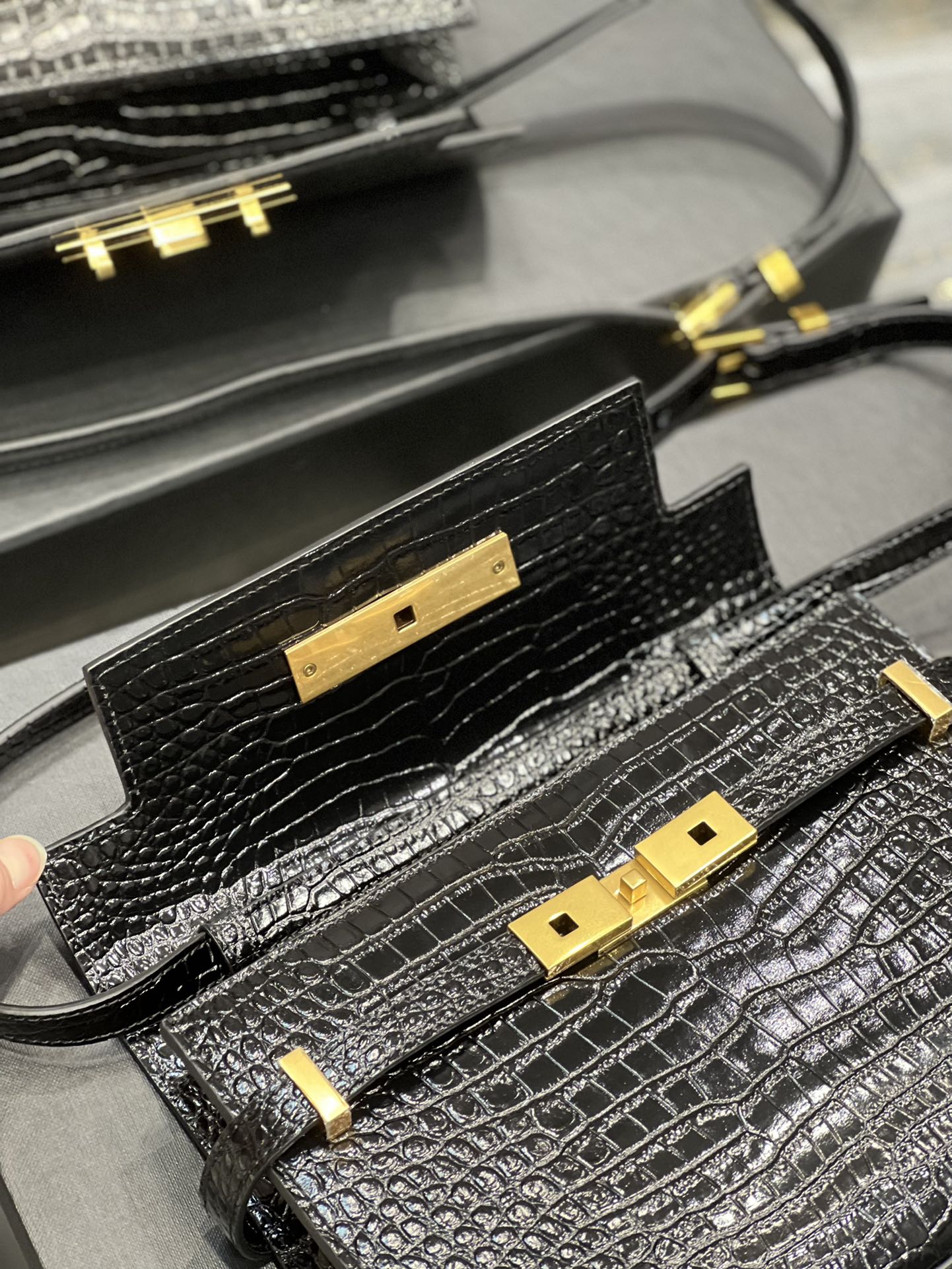 Saint Laurent Manhattan Small Shoulder Bag in Shiny Crocodile-Embossed Leather - Black