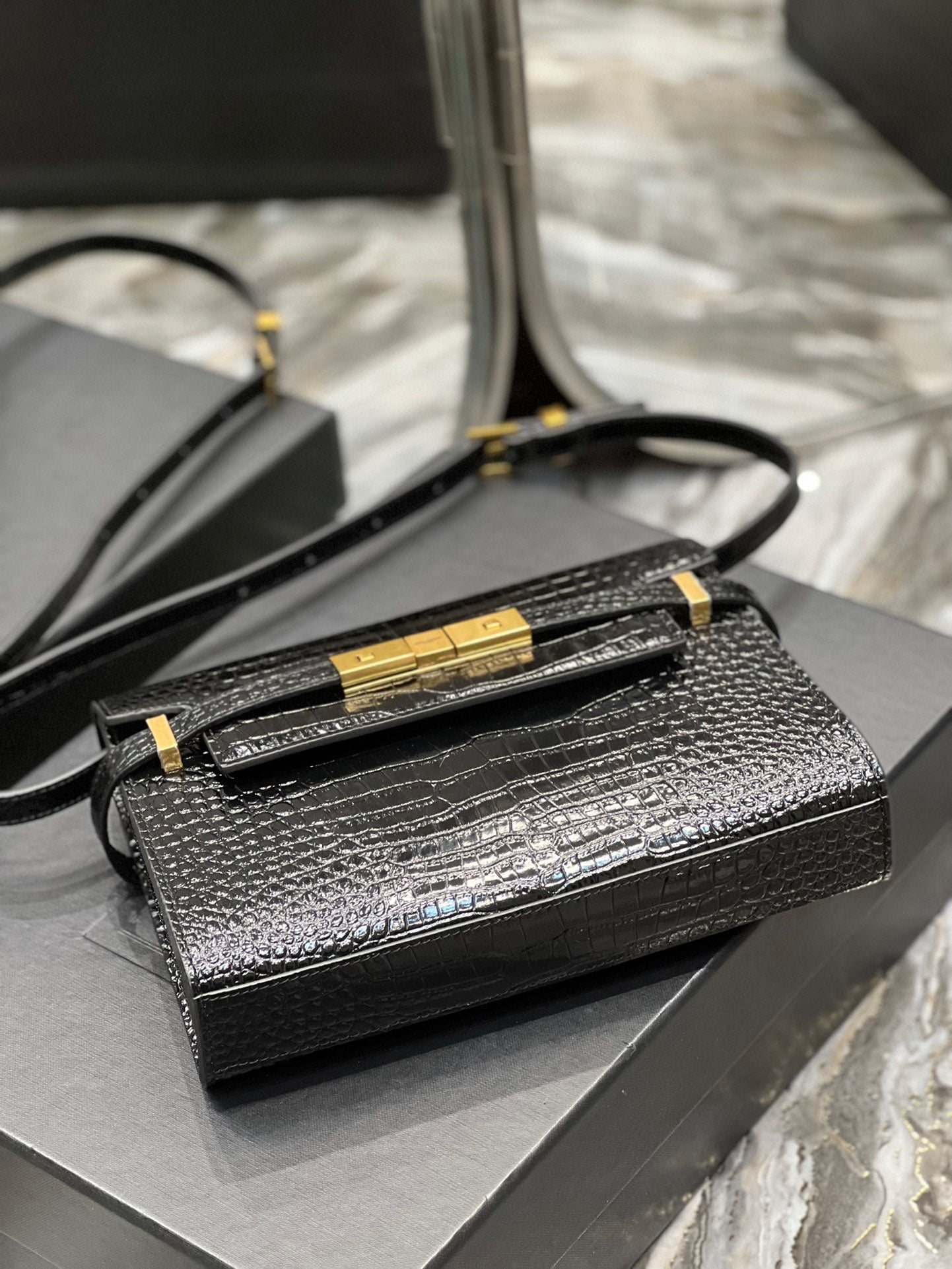 Saint Laurent Manhattan Small Shoulder Bag in Shiny Crocodile-Embossed Leather - Black