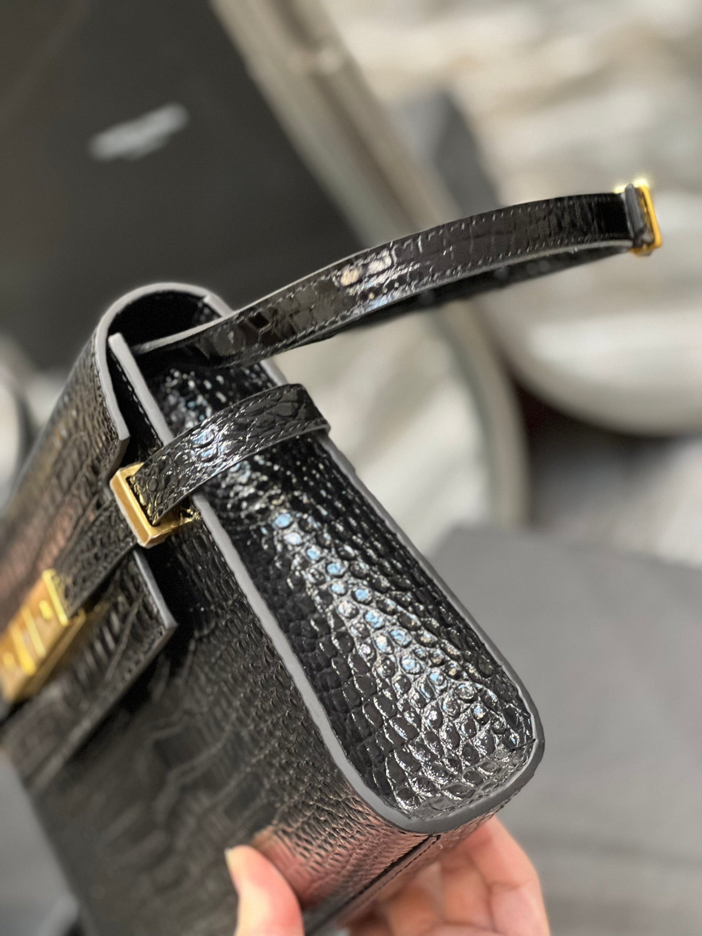 Saint Laurent Manhattan Small Shoulder Bag in Shiny Crocodile-Embossed Leather - Black