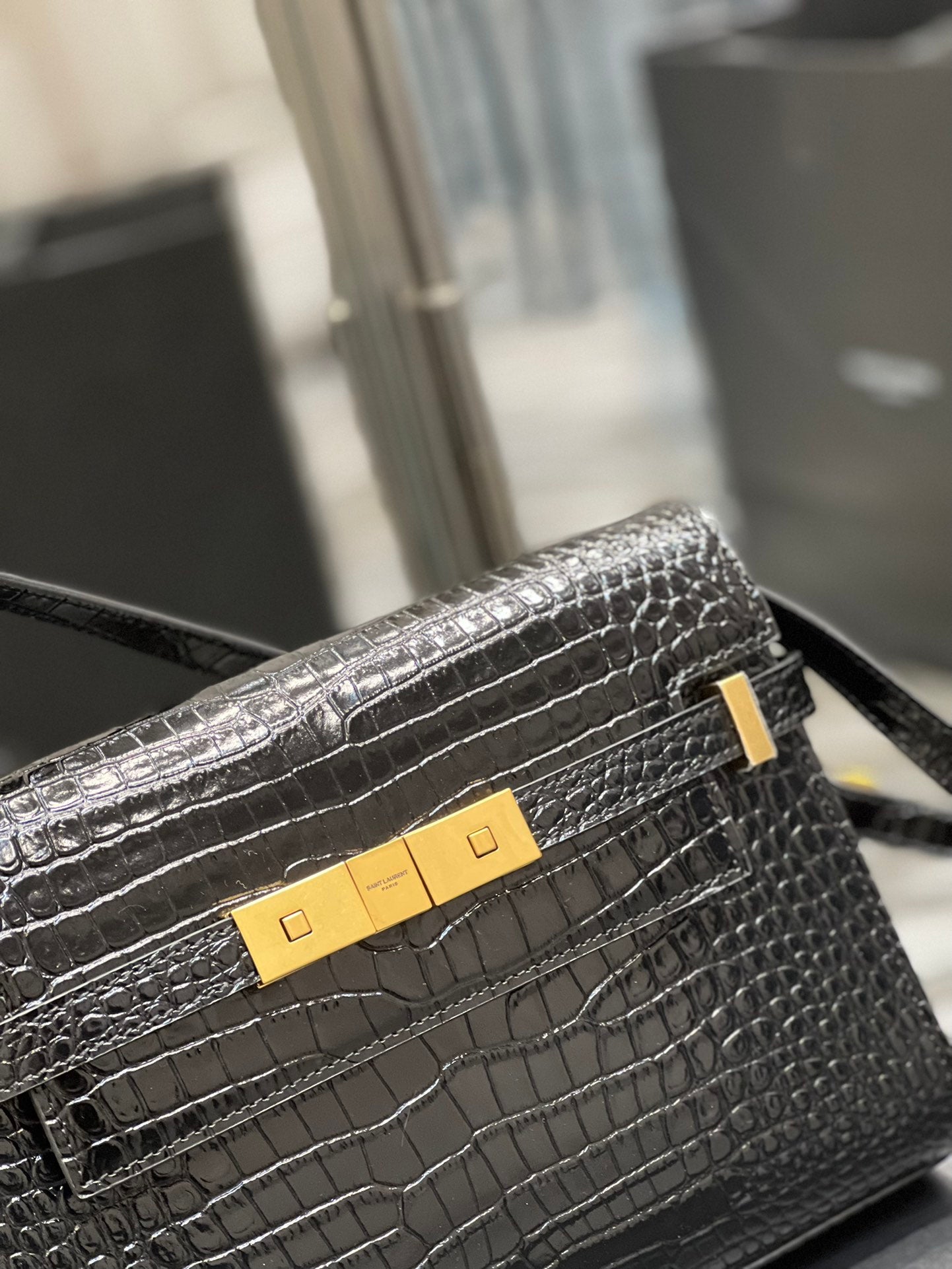 Saint Laurent Manhattan Small Shoulder Bag in Shiny Crocodile-Embossed Leather - Black