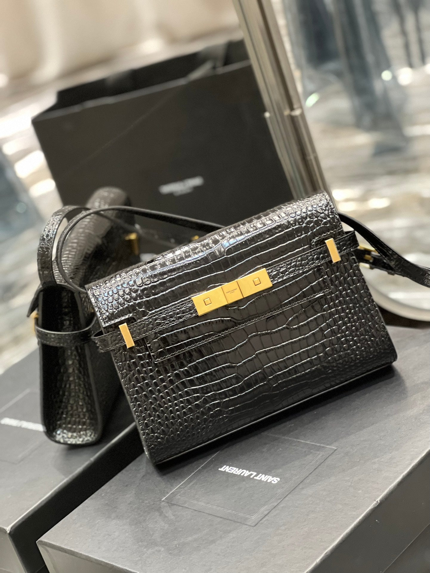 Saint Laurent Manhattan Small Shoulder Bag in Shiny Crocodile-Embossed Leather - Black