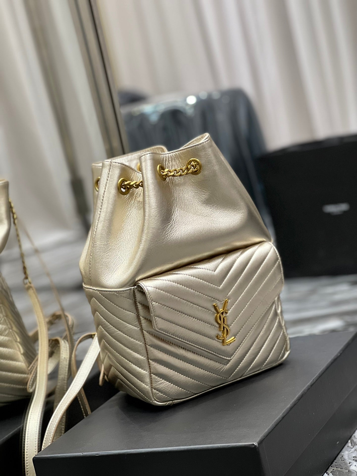 Gold Quilted Leather Bucket Bag - Elegant Metallic Shoulder Bag with Chain Strap