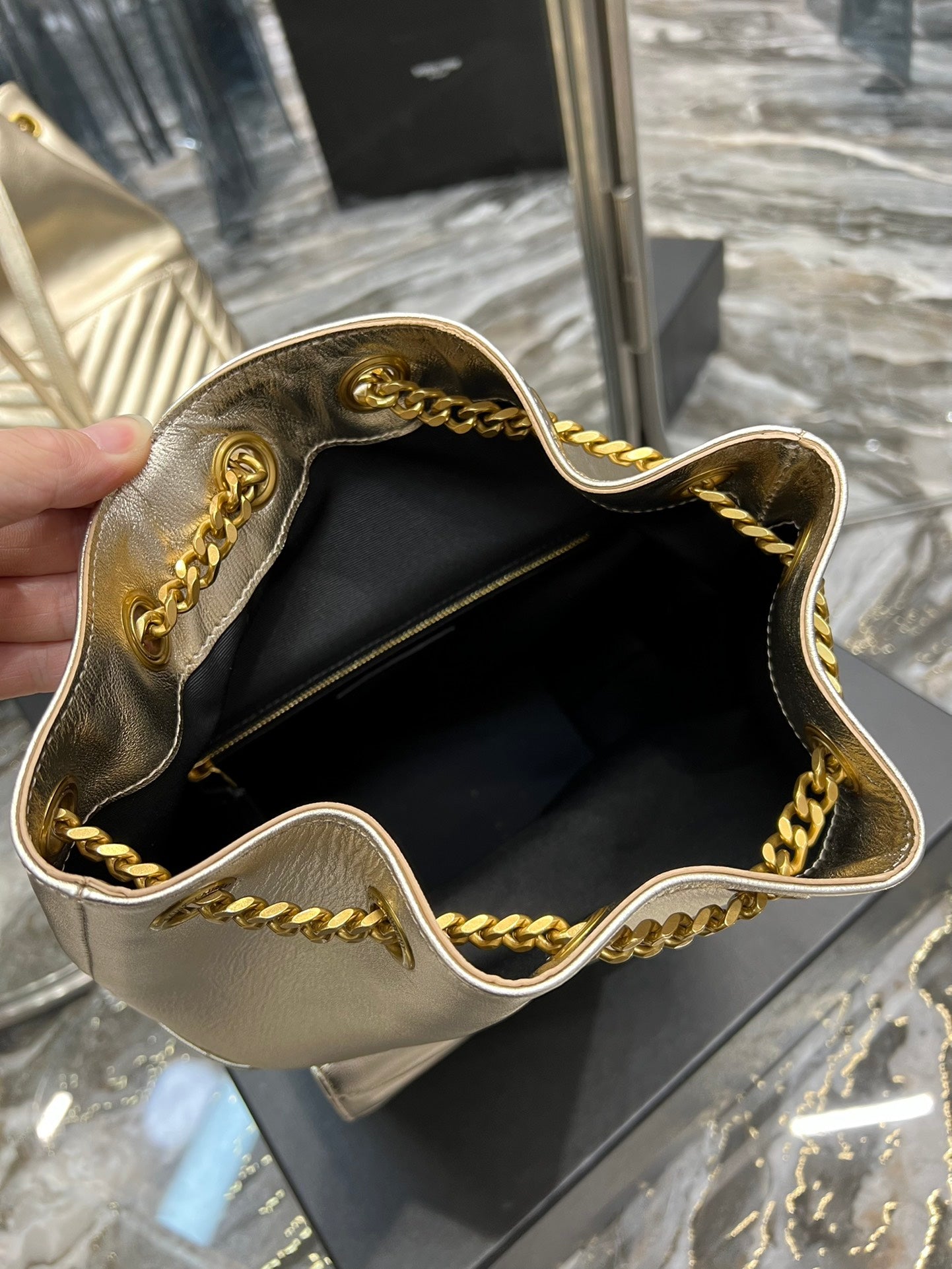 Gold Quilted Leather Bucket Bag - Elegant Metallic Shoulder Bag with Chain Strap