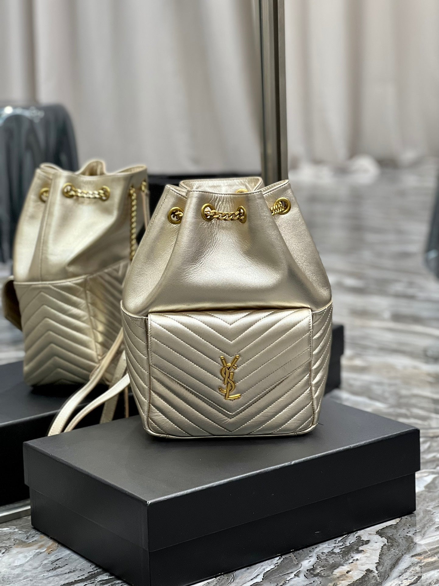 Gold Quilted Leather Bucket Bag - Elegant Metallic Shoulder Bag with Chain Strap