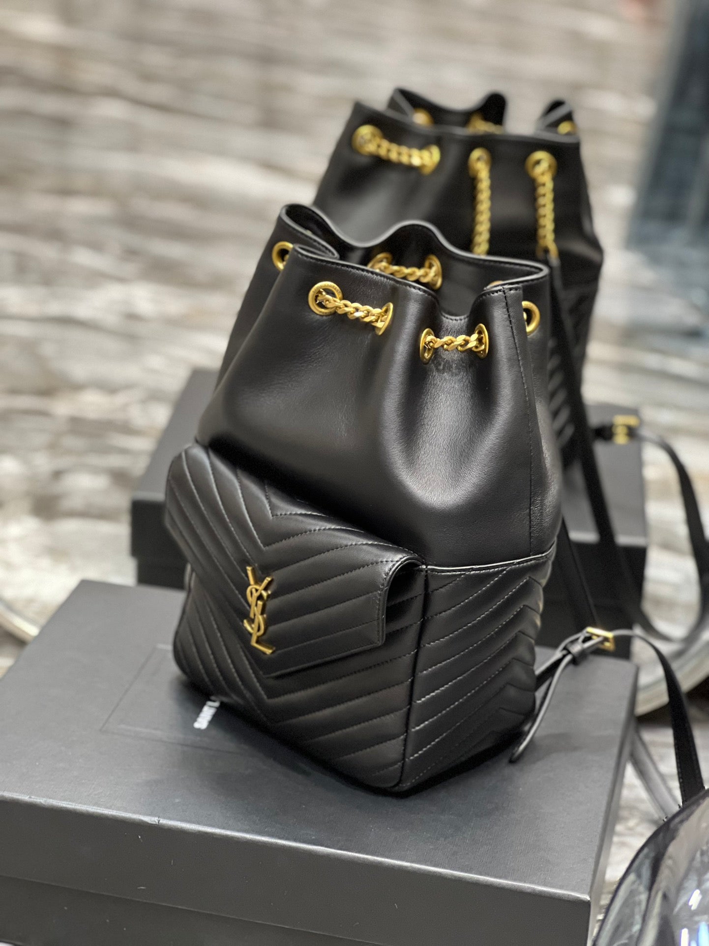 Saint Laurent Joe Quilted Lambskin Leather Bucket Bag in Black