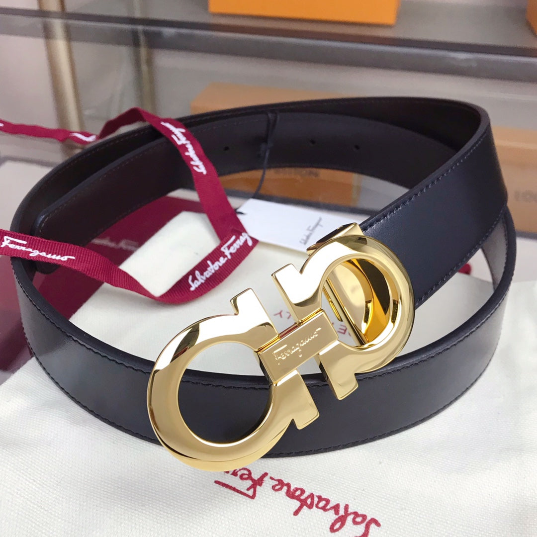 Salvatore Ferragamo Men's Gancini Reversible Leather Belt - Black with Gold-Tone Buckle