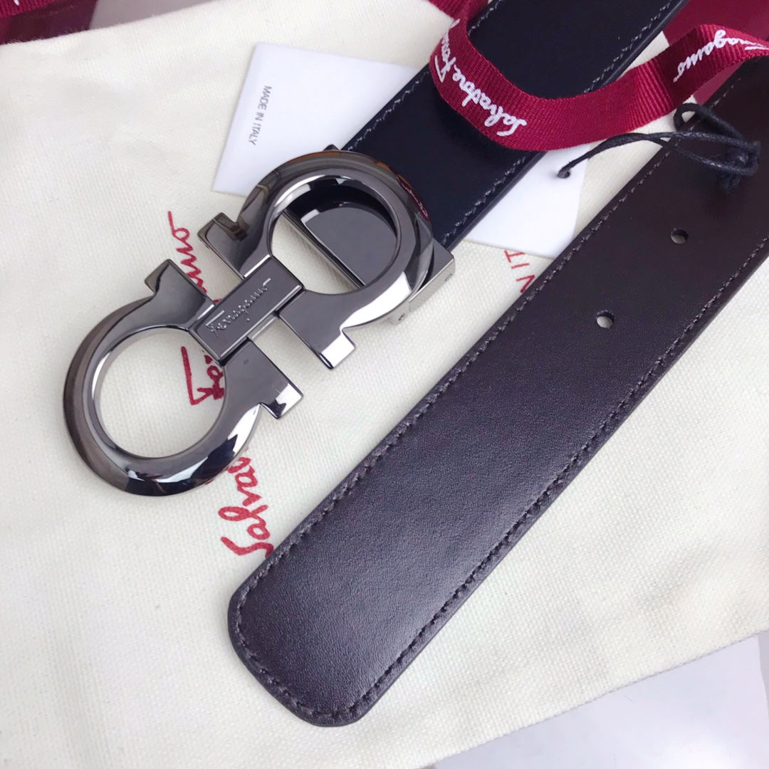 Salvatore Ferragamo Men's Reversible Leather Belt with Gunmetal Gancini Buckle - Black