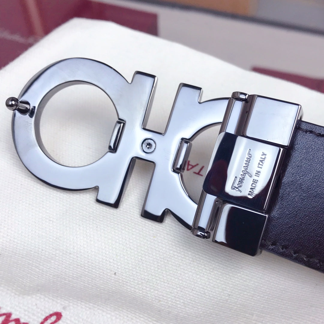 Salvatore Ferragamo Men's Reversible Leather Belt with Gunmetal Gancini Buckle - Black