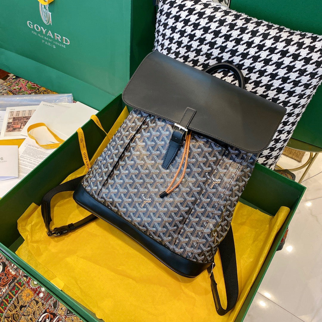 Gogy Geometric Chevron Pattern Canvas Backpack with Black Leather Flap