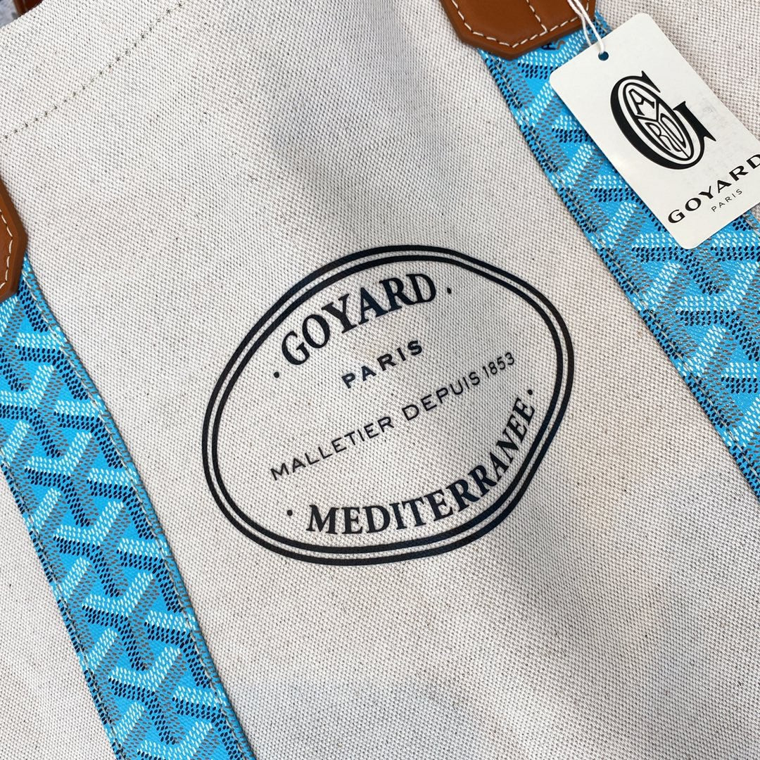 Gogy Large Canvas Tote Bag with Leather Handles and Blue Geometric Stripes