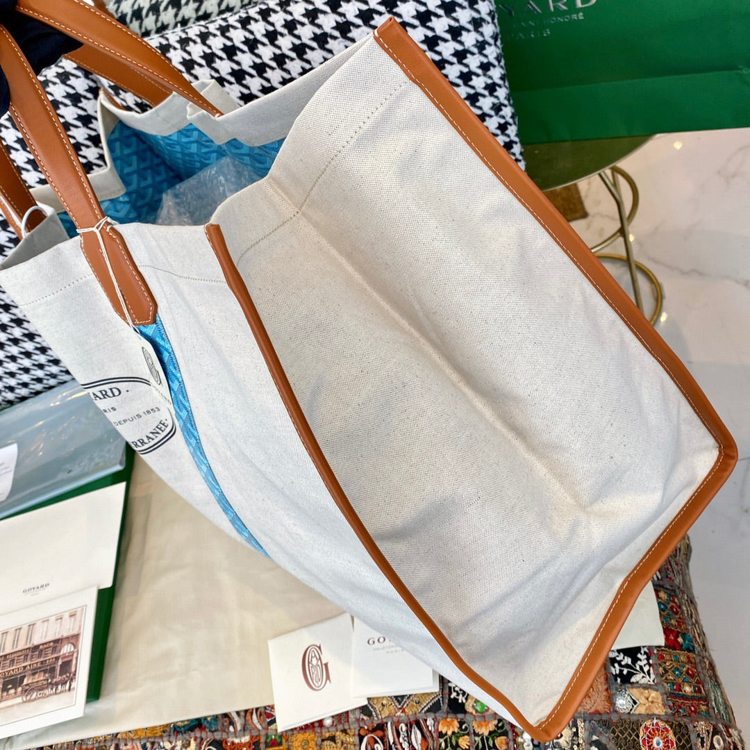 Gogy Large Canvas Tote Bag with Leather Handles and Blue Geometric Stripes